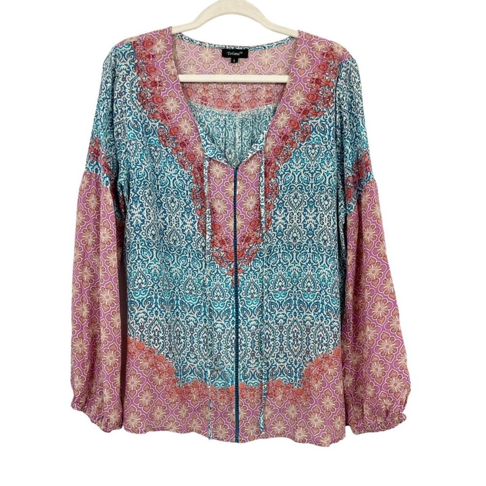 Tolani Blue Pink‎ Mandala Print Top Peasant Silk Puff Sleeve Boho - Size Large